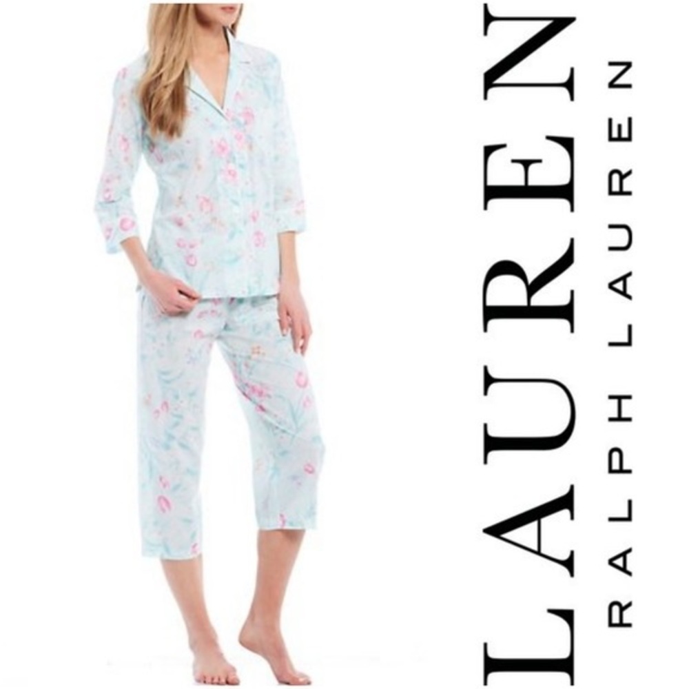 Lauren Ralph Lauren Pajama Set 3/4 sleeve Capri pant mint green floral print S